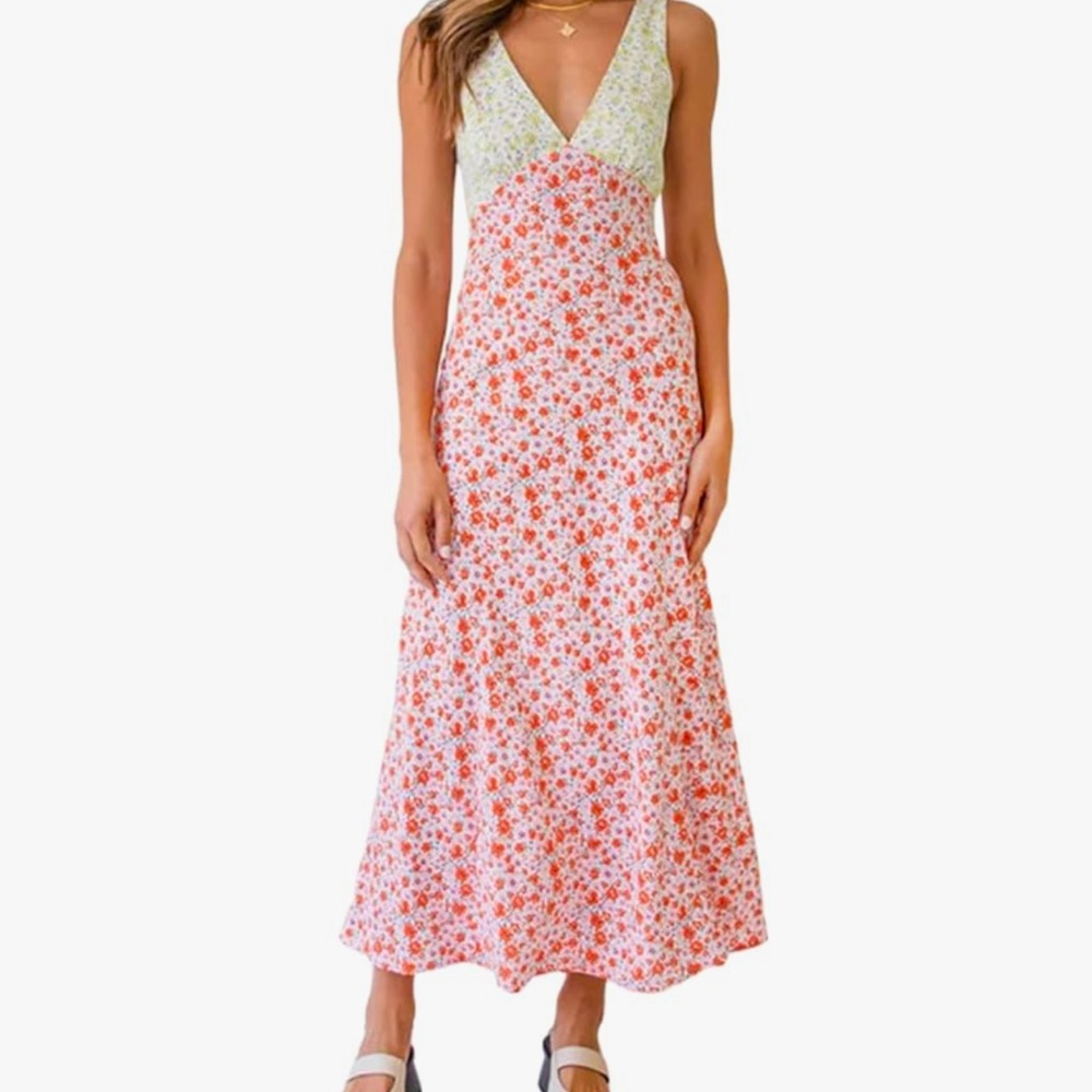 Floral V-Neck Maxi Dress - Red and White